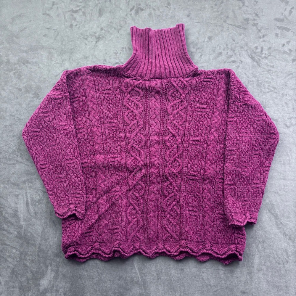 Vtg Absolutely Cotton Magenta Cable Knit Turtleneck Sweater Made in USA OS